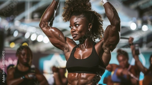 A woman with defined muscles flexes her biceps while participating in a fitness class.