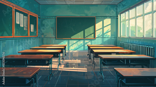 A classroom with desks and blackboards, illuminated by warm sunlight streaming through large windows.