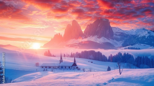 Panoramic morning view of Alpe di Siusi village. Majestic winter sunrise in Dolomite Alps. Superb landscape of ski resort, Ityaly, Europe. Beauty of nature concept background.