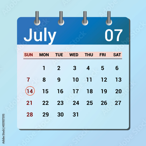 vector page of July month calendar and highlighted date July 14