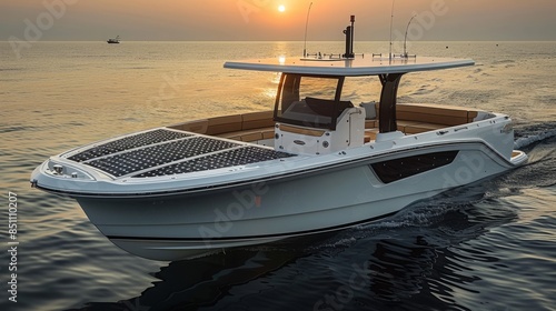 A white solar powered boat with a hardtop sails on the ocean at sunset.