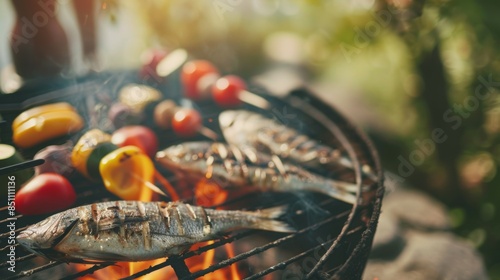 A grill with fish and vegetables on it
