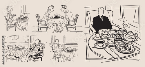  Line illustrations captures the essence of a classic western restaurant. Couple-man-woman is resting on a chair with a simple table set for an afternoon tea.