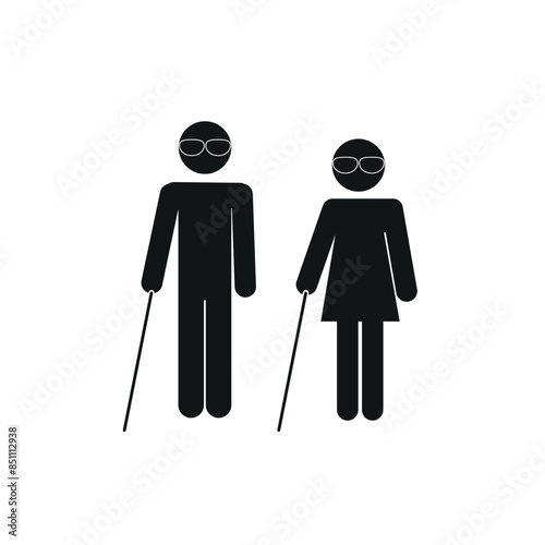 icons of figures of visually impaired people, a man and a woman with glasses, with a cane, flat vector illustration
