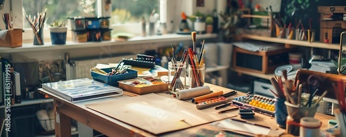 creative hobbies and art supplies arranged on a wooden table with a blue box and a white and wood shelf in the background, illuminated by a large glass window