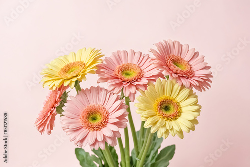 Close-Up of Pink and Yellow Gerber Daisies on Pink Background