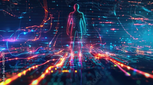 Silhouetted figure in a digital concept matrix, surrounded by futuristic neon lights representing a complex network and technology.