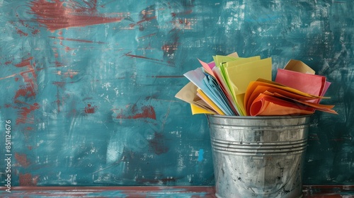 Wastebasket filled with colorful paper in seclusion