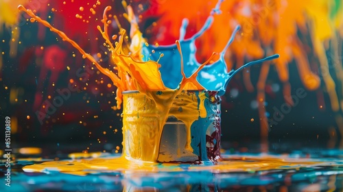 Paint can knocked over, bright colors spilling and splattering, creating a vibrant and messy composition, high-energy visual impact