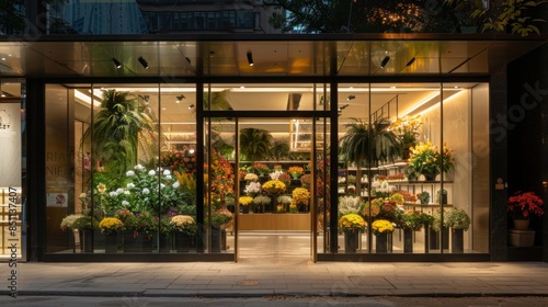 A flower shop window display at night with various arrangements of flowers in different colors, lit by warm interior lights.