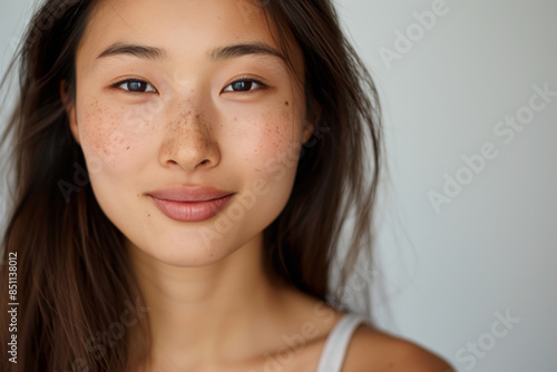 Young asian woman proudly shows off her natural beauty, with stunning freckles and flawless skin, exuding confidence and positivity with her radiant smile and fresh makeup