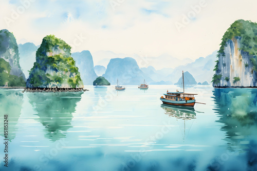 Watercolor painting of a beautiful seascape with tourist boats sailing among limestone cliffs in Halong bay, Vietnam