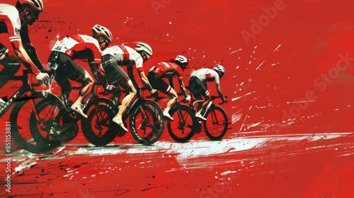 A cyclist in a breakaway group, determined push, on a red background.