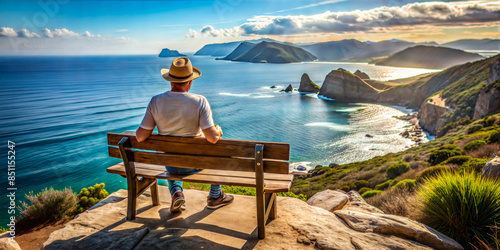 Man on bench overlooking scenic coastal view