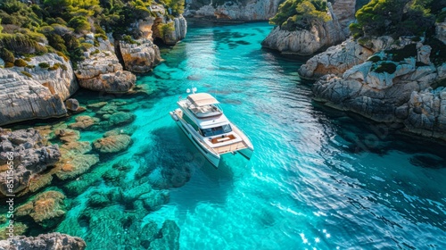 A white catamaran sails through clear turquoise waters, surrounded by rocky cliffs and lush vegetation.