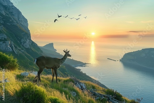 A deer is standing on a mountain top next to a body of water