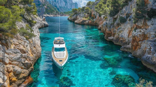 A luxury yacht sails through a narrow channel of turquoise water, surrounded by towering cliffs and lush greenery. The vibrant blue of the sea and the dramatic landscape create a breathtaking vista.