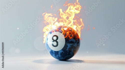 Burning 8 snooker ball on white background, billiard games concept. 