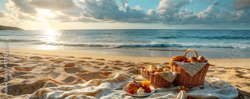beach picnic baskets filled with fresh produce, including a red apple, sit on a white blanket on the sandy shore, with a small wave gently lapping at the shore
