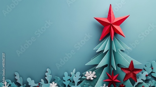 Festive paper cutout of a Christmas star on top of a decorated tree,paper cutout style