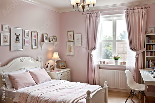 ピンクとホワイトのガーリーベッドルーム、可愛らしい壁アート、ふんわりカーテンとナイトスタンド、柔らかな照明が演出する温かい雰囲気。
