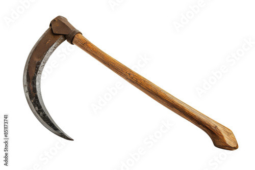 A traditional wooden-handled sickle isolated on transparent background. Perfect for agricultural and historical themes.