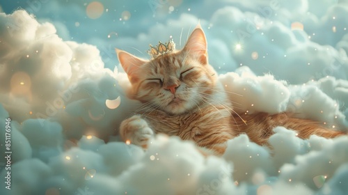 A fluffy orange tabby cat sleeps peacefully on a cloud, surrounded by a magical glow.
