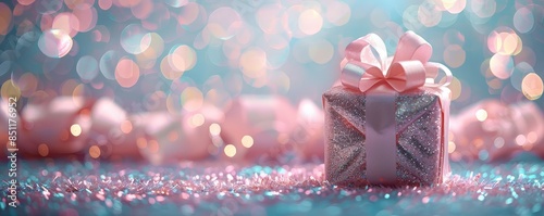 A gift box with a pink ribbon sits on a glittery surface.