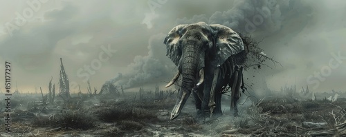 A lone elephant walks through a desolate, foggy landscape.