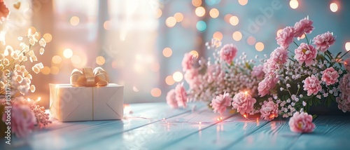 Pink flowers and a gift box on a table with a blurred background.