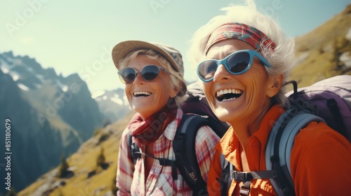 Happy elderly women on a mountain hike, enjoying the outdoors, sunny day, backpacks and trekking gear, detailed and realistic scene