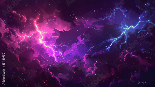 Lightning background, purple lightning with dark sky. thunderstorm abstract texture for design and wallpaper. illustration of a glowing lightning