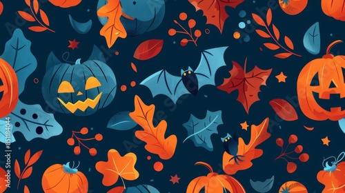 Flat design of holiday-themed elements like pumpkins and bats in a seamless pattern for a festive look.