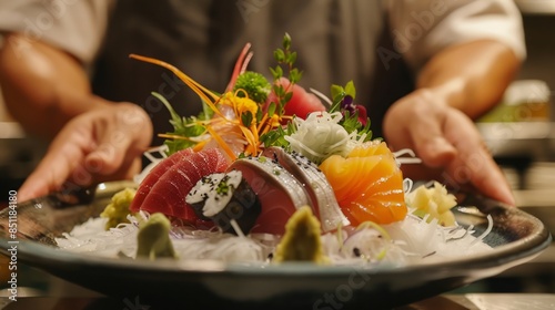 A chef showcasing a vibrant plate of chirashi sushi, with assorted sashimi over rice. 