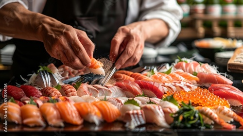 A Japanese chef preparing a platter of sashimi with a variety of fresh fish and seafood. 