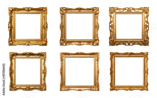 Collection of antique gold picture square frames isolated on a transparent background, PNG