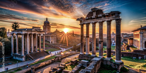 Roman ruins at sunset with dramatic sky