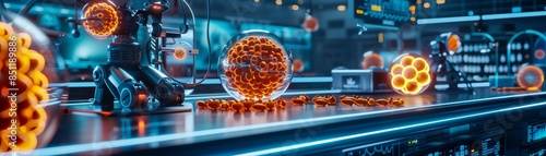 Futuristic laboratory with advanced robotic technology analyzing glowing spherical objects on a high-tech countertop, blue and orange theme.