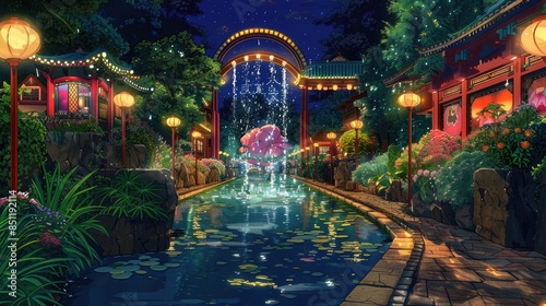 a serene nighttime scene featuring a fountain surrounded by lush greenery, including a tree and plant, with a vibrant red building in the background