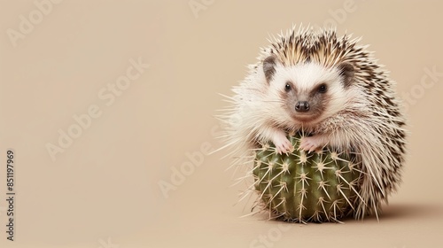 a hedgehog that is covered with cactus spines instead of its ownбon a beige background, in the style of high definition photography