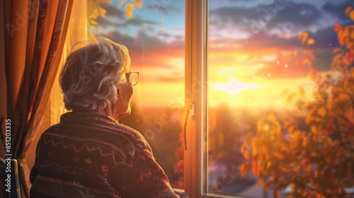 An elderly woman gazes out the window at a vibrant sunset, contemplating life's beauty.