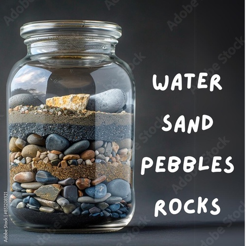 Glass jar filled with layers of water, sand, pebbles, and rocks, illustrating concepts of prioritization and capacity management.