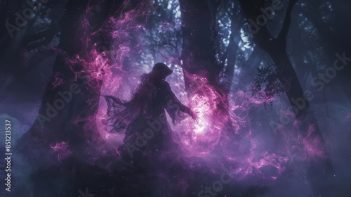 Digital art of a witch summoning a spirit animal In a dark forest with mystical fog Midshot focusing on the witch and the spirit animal Soft