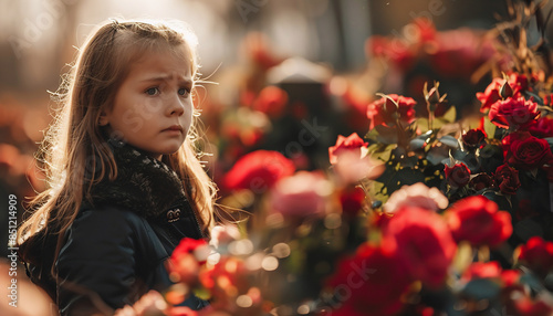 Girl with flowers at a cemetery. Child mourning and remembrance concept. Design for editorial and educational materials. Closeup view with copy space.
