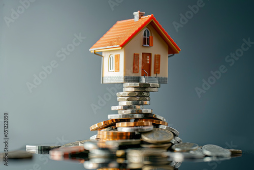 Visual metaphor for the risks and uncertainties involved in real estate and housing market investments, with a model house balancing precariously on a stack of coins