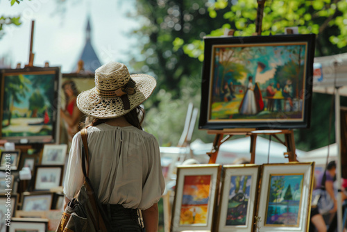 Artists showcasing their works at an outdoor Bastille Day art exhibition, celebrating French culture.