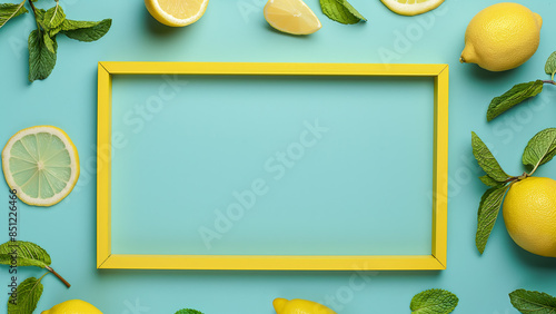 Frische Zitronen, Minzblätter und ein gelber Rahmen auf türkisfarbenem Hintergrund, Flatlay mit Platz für Text, Konzept für sommerliche und erfrischende Designs