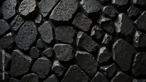 Closeup of black porous stone textured wall Stone background, abstract black backdrops.