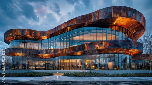 A striking cultural center with a bold, asymmetrical design that stands out against the skyline. The exterior showcases a mix of materials, including metal and stone, creating a visually stimulating