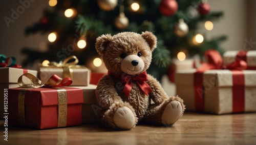 Cute Christmas teddy bear sitting on holidays gift boxes piles under Xmas Tree on shiny warm celebration home background, with copy space.